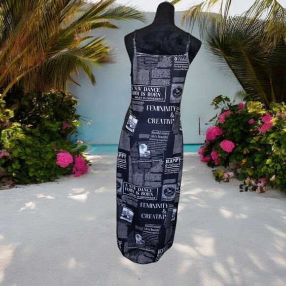 Mulvari Black & White Newspaper Print Bodycon Spaghetti Strap Maxi Dress XL! - Picture 6 of 15